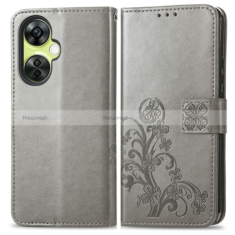 Leather Case Stands Flip Flowers Cover Holder for OnePlus Nord CE 3 Lite 5G Gray