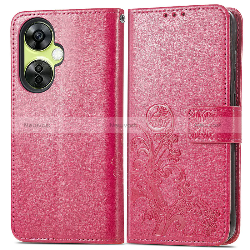 Leather Case Stands Flip Flowers Cover Holder for OnePlus Nord N30 5G Hot Pink