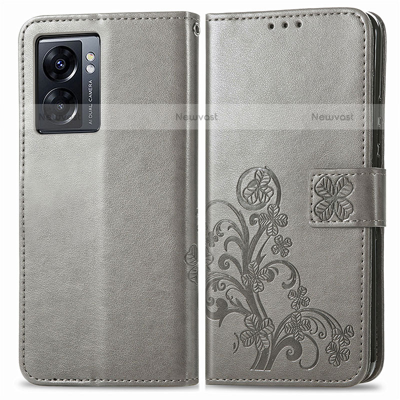 Leather Case Stands Flip Flowers Cover Holder for OnePlus Nord N300 5G Gray