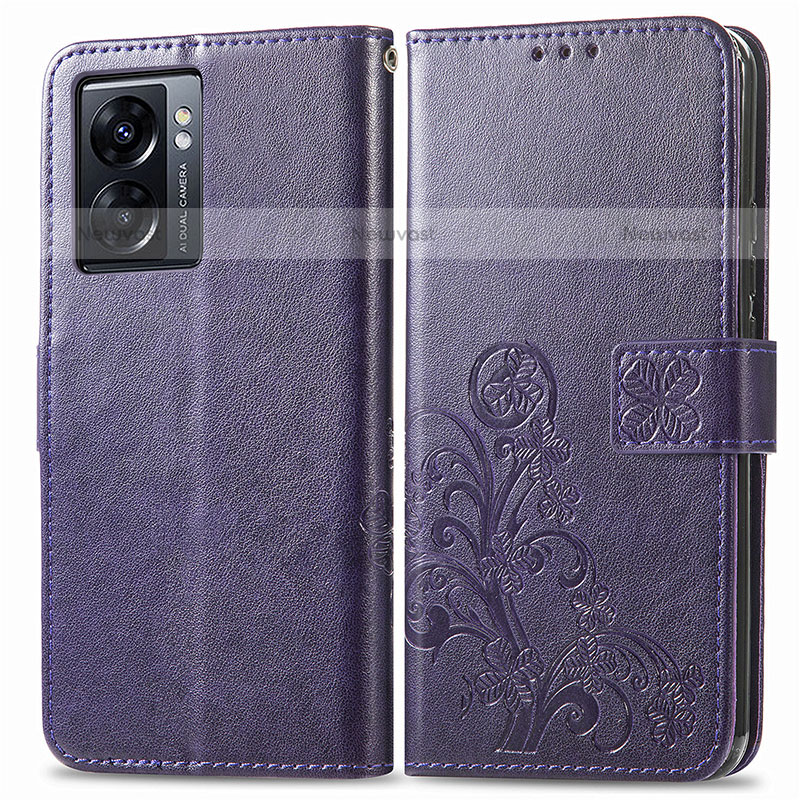 Leather Case Stands Flip Flowers Cover Holder for OnePlus Nord N300 5G Purple