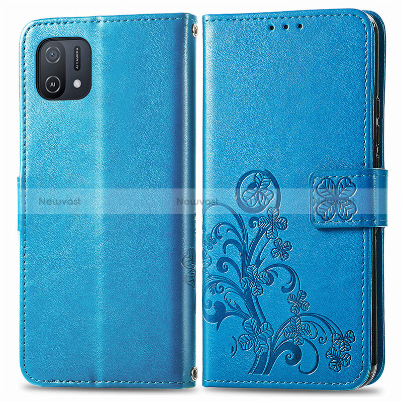 Leather Case Stands Flip Flowers Cover Holder for Oppo A16e Blue