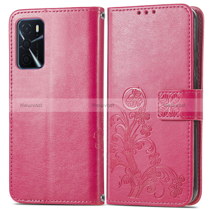 Leather Case Stands Flip Flowers Cover Holder for Oppo A16s Red