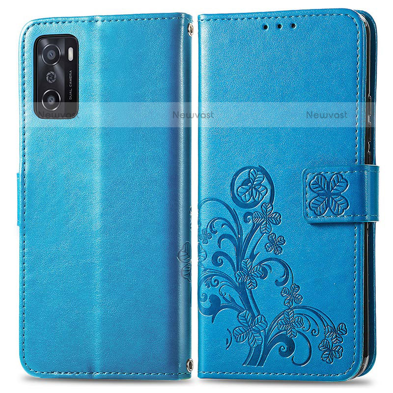 Leather Case Stands Flip Flowers Cover Holder for Oppo A55S 5G Blue