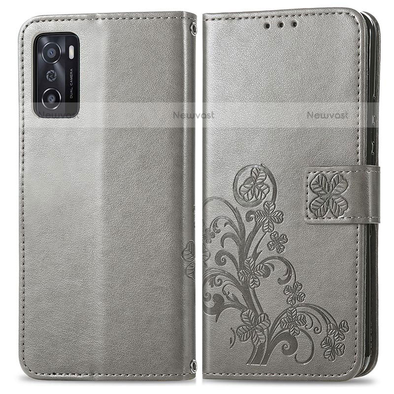 Leather Case Stands Flip Flowers Cover Holder for Oppo A55S 5G Gray