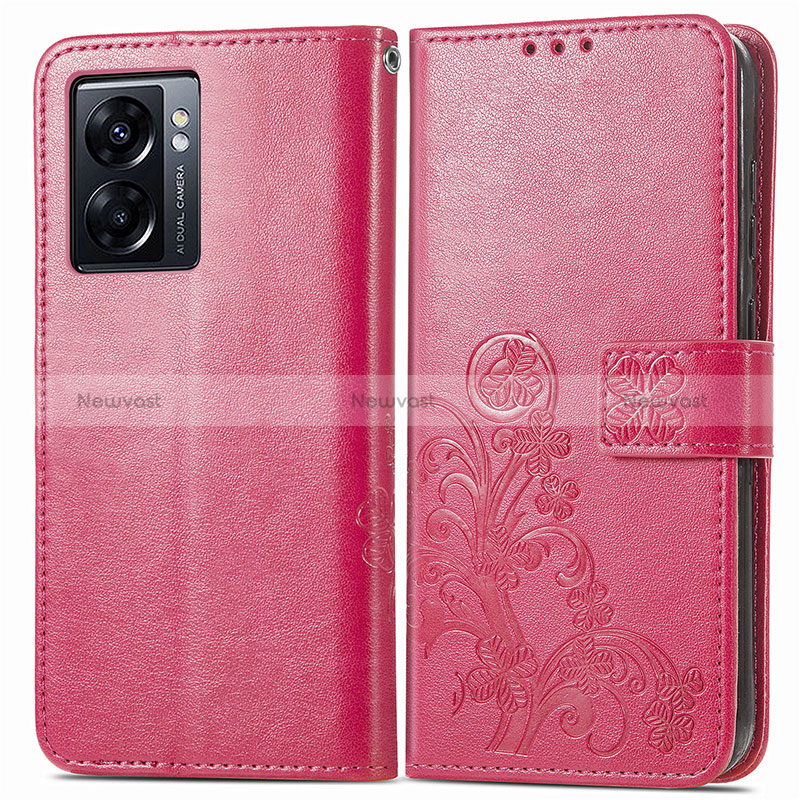 Leather Case Stands Flip Flowers Cover Holder for Oppo A56S 5G Red