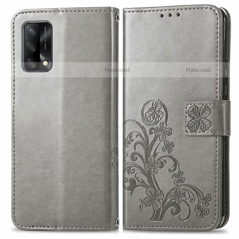 Leather Case Stands Flip Flowers Cover Holder for Oppo A74 4G Gray