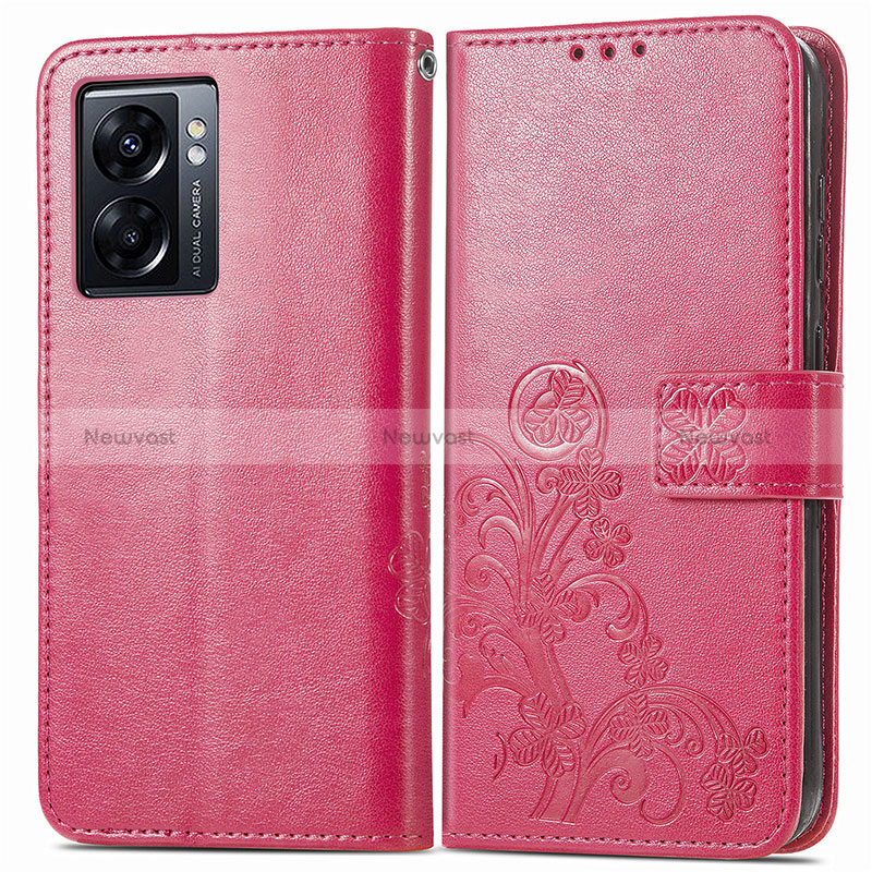 Leather Case Stands Flip Flowers Cover Holder for Oppo A77 5G Red