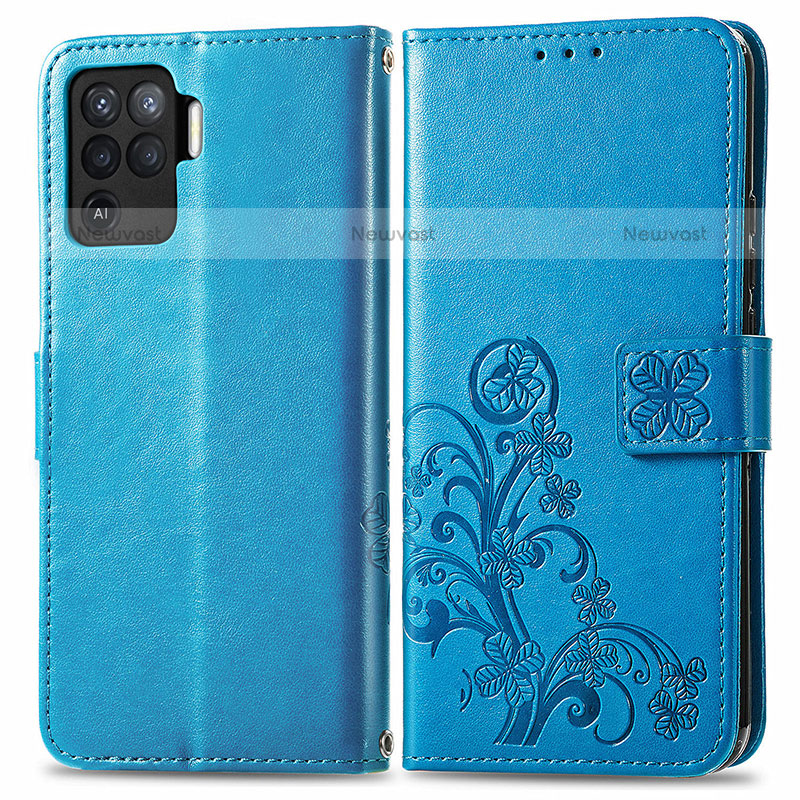 Leather Case Stands Flip Flowers Cover Holder for Oppo A94 4G Blue