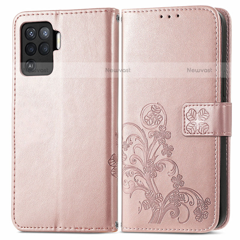 Leather Case Stands Flip Flowers Cover Holder for Oppo A94 4G Pink