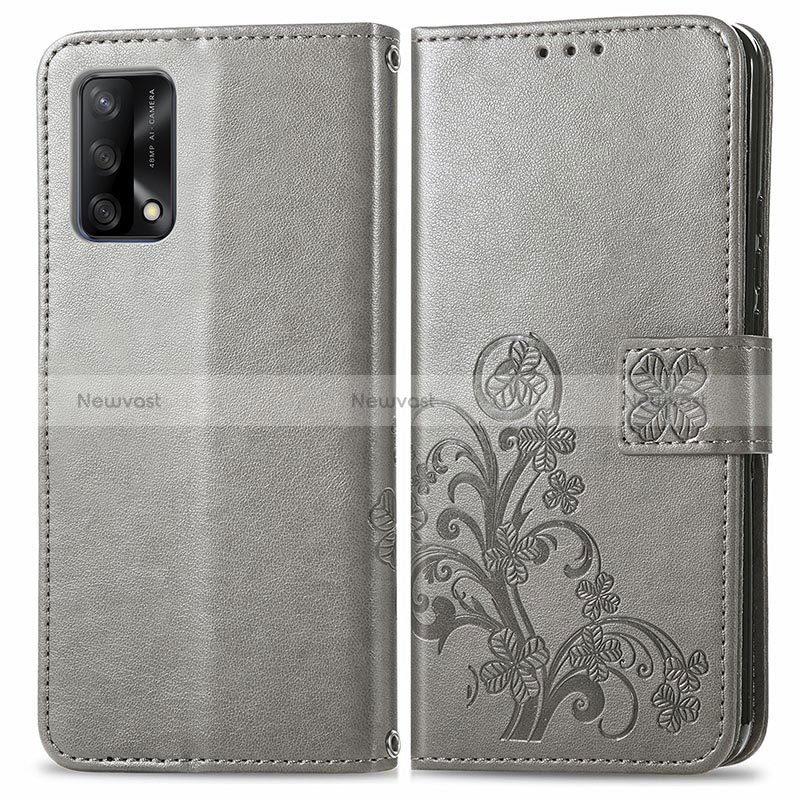 Leather Case Stands Flip Flowers Cover Holder for Oppo F19s Gray
