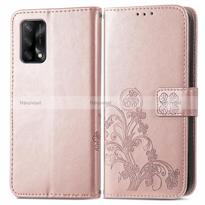 Leather Case Stands Flip Flowers Cover Holder for Oppo F19s Pink