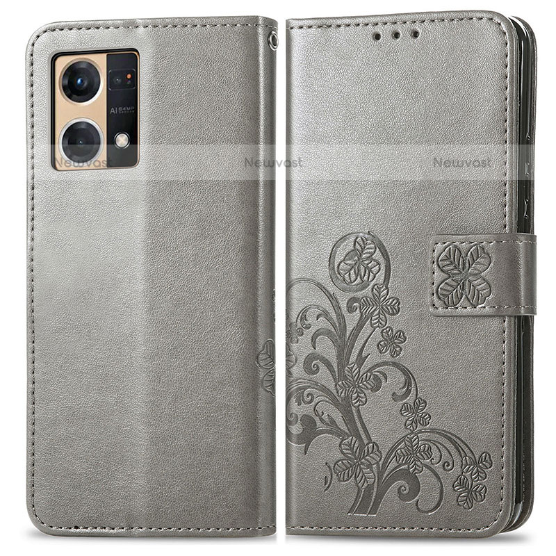 Leather Case Stands Flip Flowers Cover Holder for Oppo F21 Pro 4G Gray