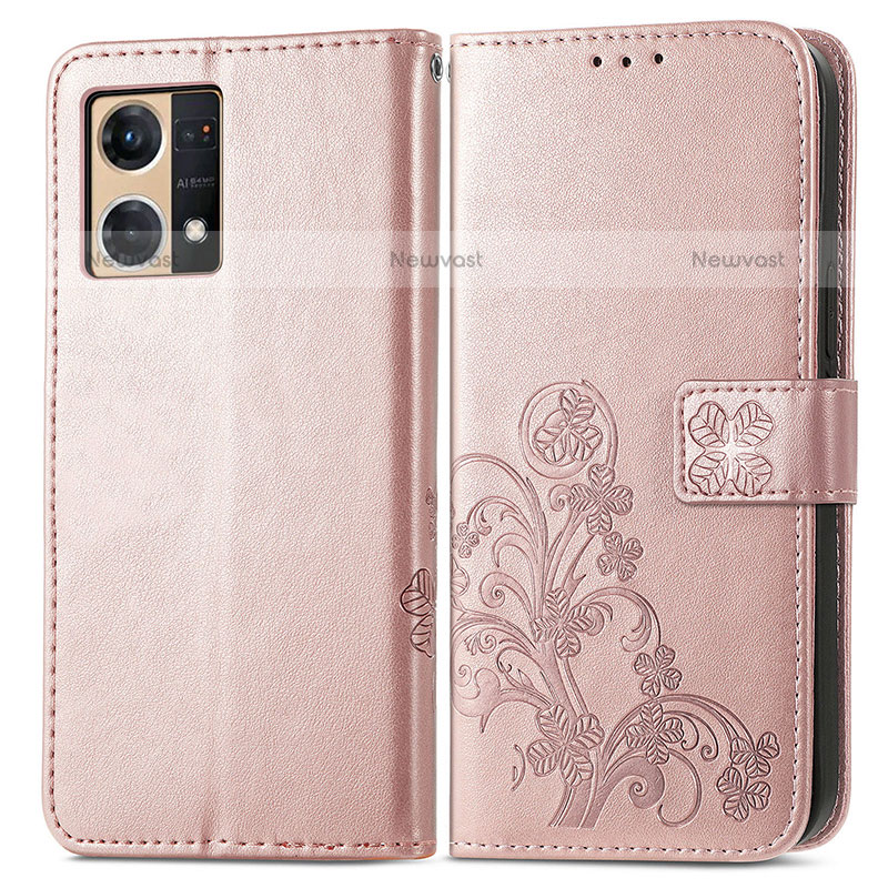 Leather Case Stands Flip Flowers Cover Holder for Oppo F21 Pro 4G Pink