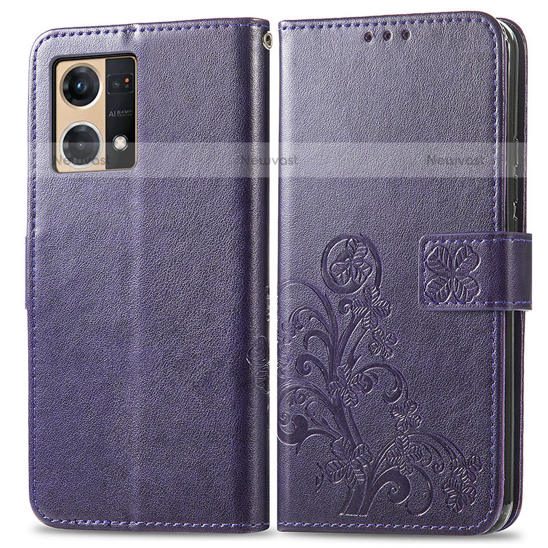 Leather Case Stands Flip Flowers Cover Holder for Oppo F21 Pro 4G Purple