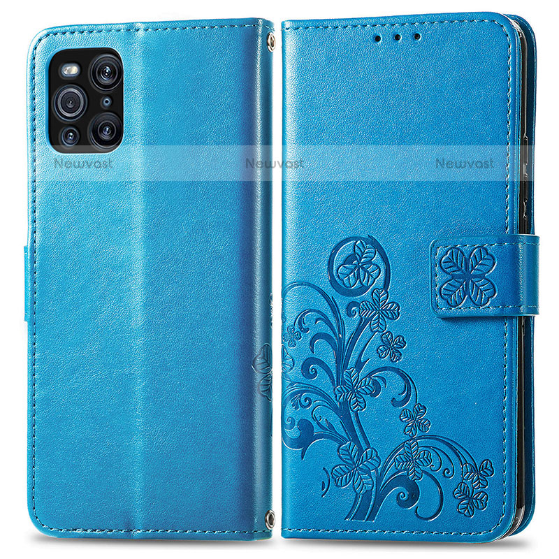 Leather Case Stands Flip Flowers Cover Holder for Oppo Find X3 Pro 5G Blue