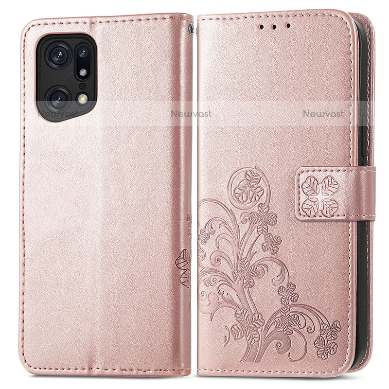 Leather Case Stands Flip Flowers Cover Holder for Oppo Find X5 Pro 5G Pink