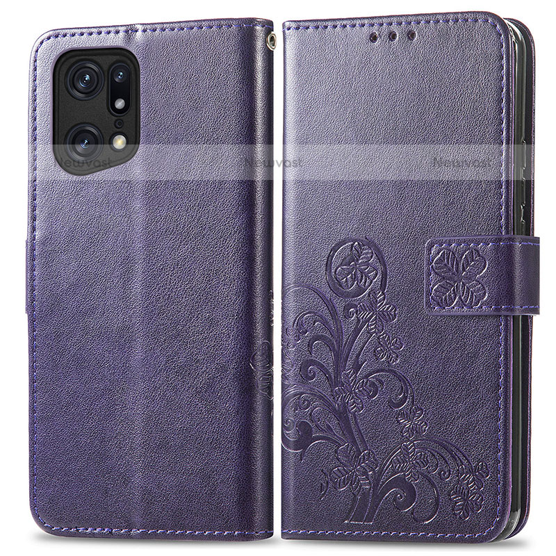 Leather Case Stands Flip Flowers Cover Holder for Oppo Find X5 Pro 5G Purple