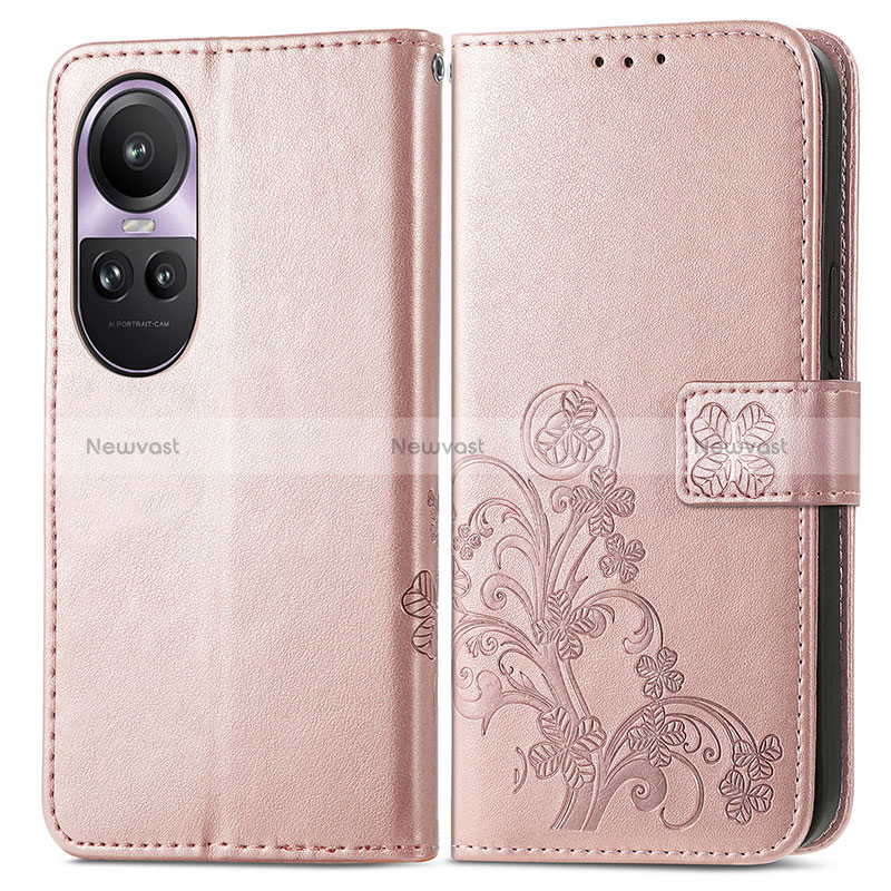 Leather Case Stands Flip Flowers Cover Holder for Oppo Reno10 5G Rose Gold