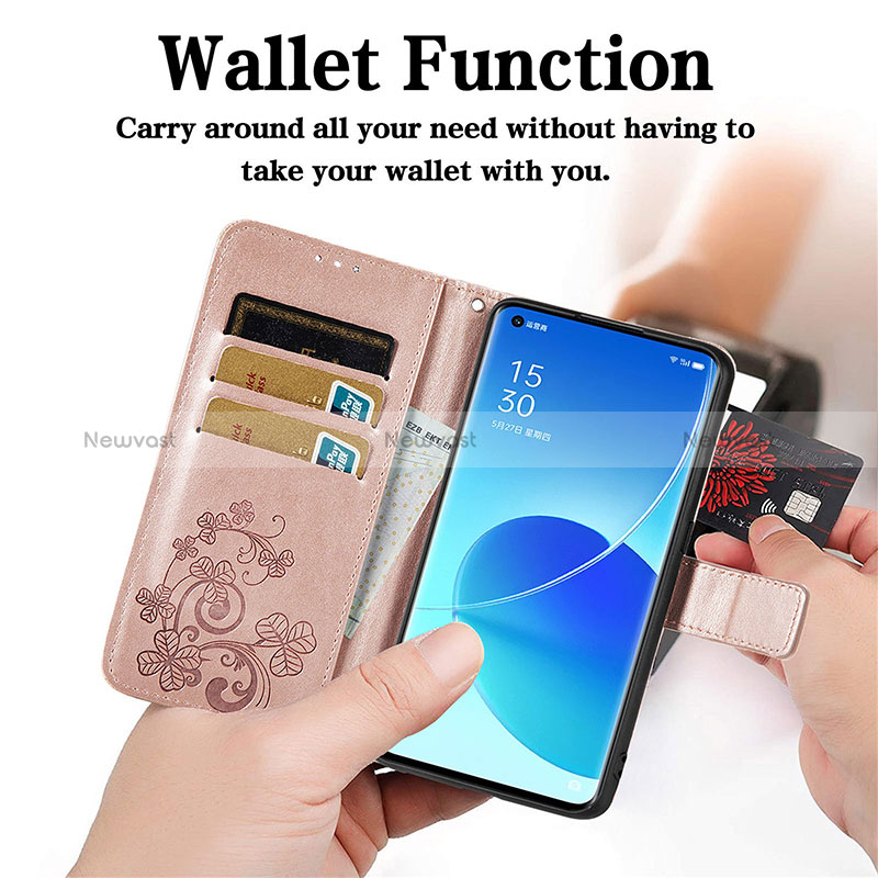 Leather Case Stands Flip Flowers Cover Holder for Oppo Reno6 Pro 5G India