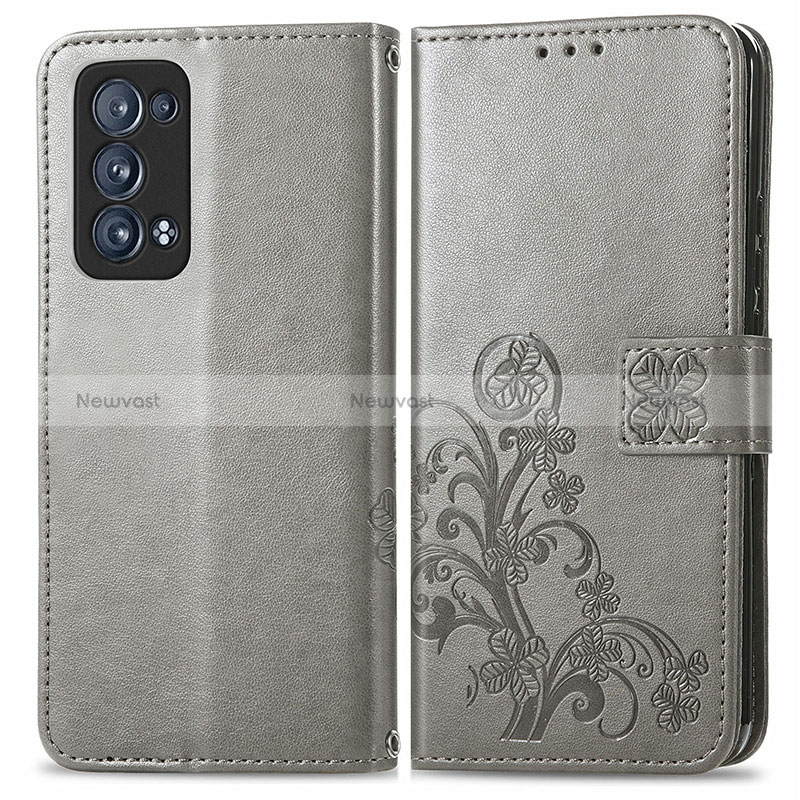 Leather Case Stands Flip Flowers Cover Holder for Oppo Reno6 Pro+ Plus 5G Gray