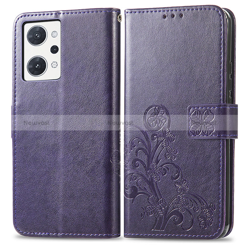 Leather Case Stands Flip Flowers Cover Holder for Oppo Reno7 A Purple