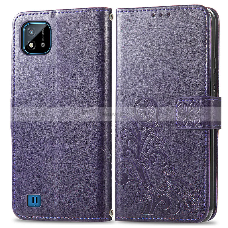 Leather Case Stands Flip Flowers Cover Holder for Realme C11 (2021) Purple