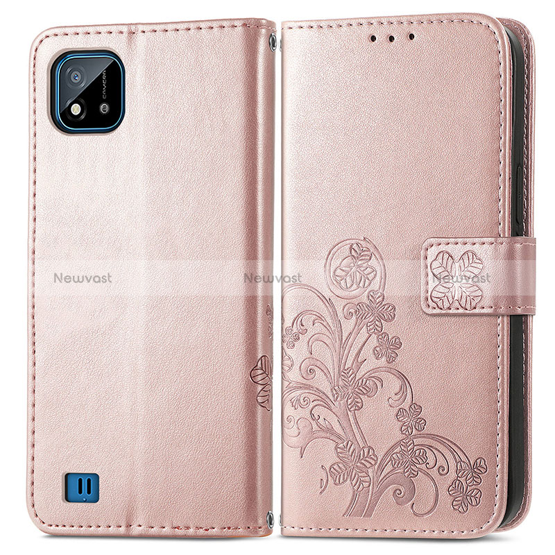 Leather Case Stands Flip Flowers Cover Holder for Realme C20 Rose Gold