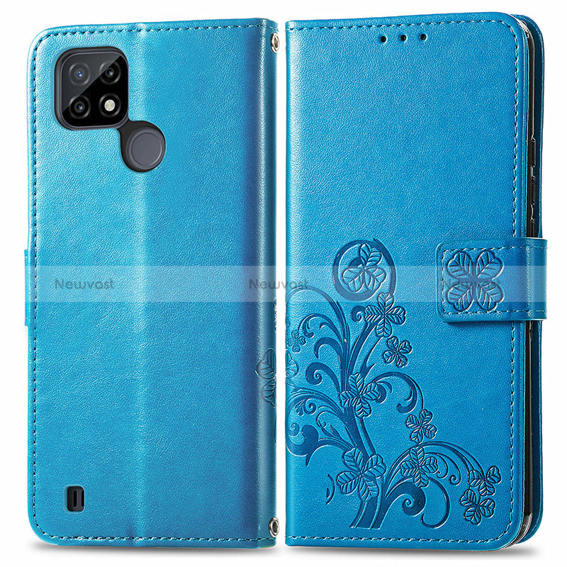 Leather Case Stands Flip Flowers Cover Holder for Realme C25Y Blue