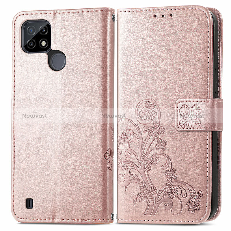 Leather Case Stands Flip Flowers Cover Holder for Realme C25Y Rose Gold