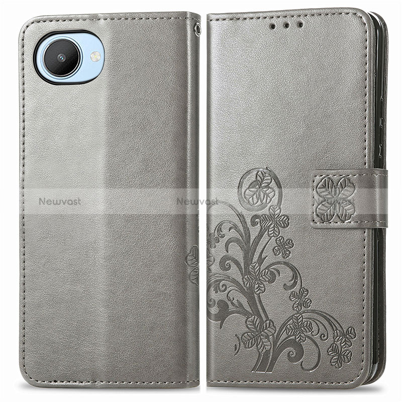 Leather Case Stands Flip Flowers Cover Holder for Realme C30 Gray