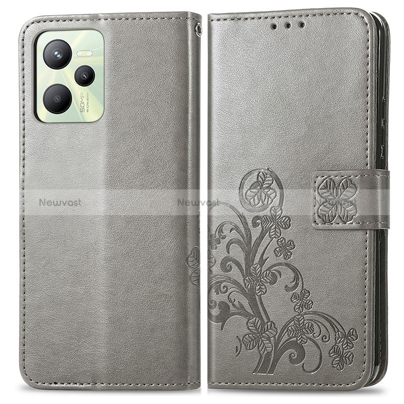 Leather Case Stands Flip Flowers Cover Holder for Realme C35 Gray