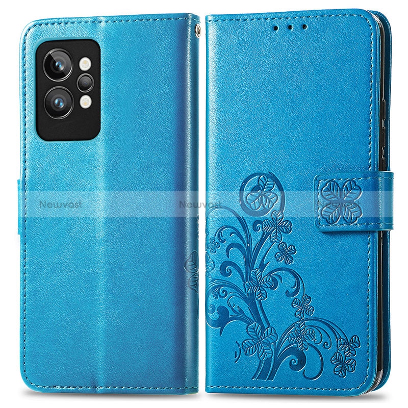 Leather Case Stands Flip Flowers Cover Holder for Realme GT2 Pro 5G Blue