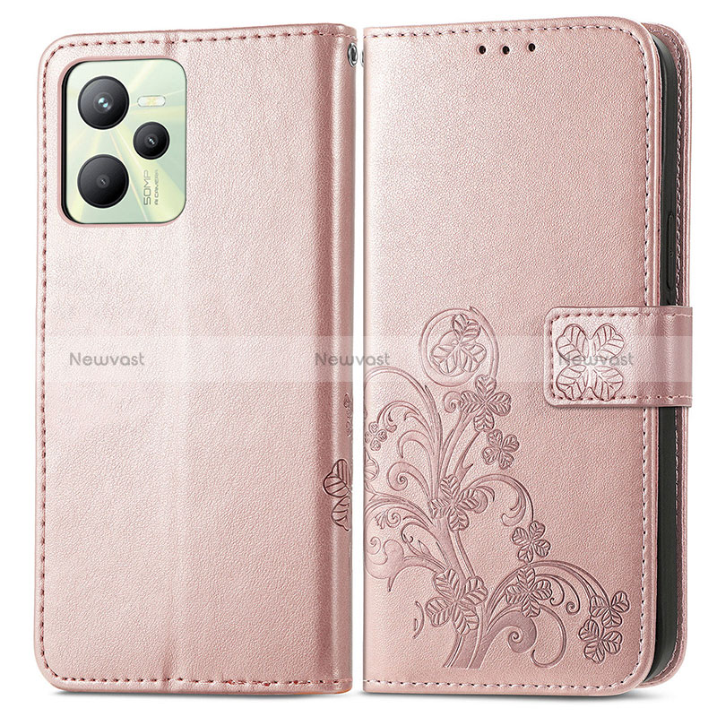 Leather Case Stands Flip Flowers Cover Holder for Realme Narzo 50A Prime Rose Gold