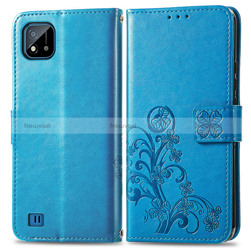 Leather Case Stands Flip Flowers Cover Holder for Realme Narzo 50i Blue