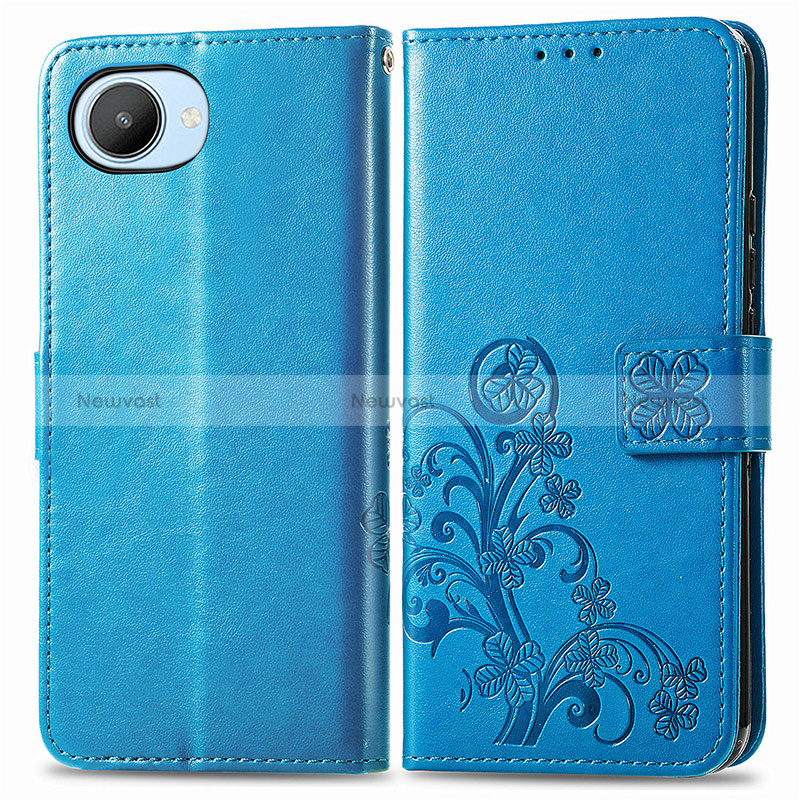 Leather Case Stands Flip Flowers Cover Holder for Realme Narzo 50i Prime Blue