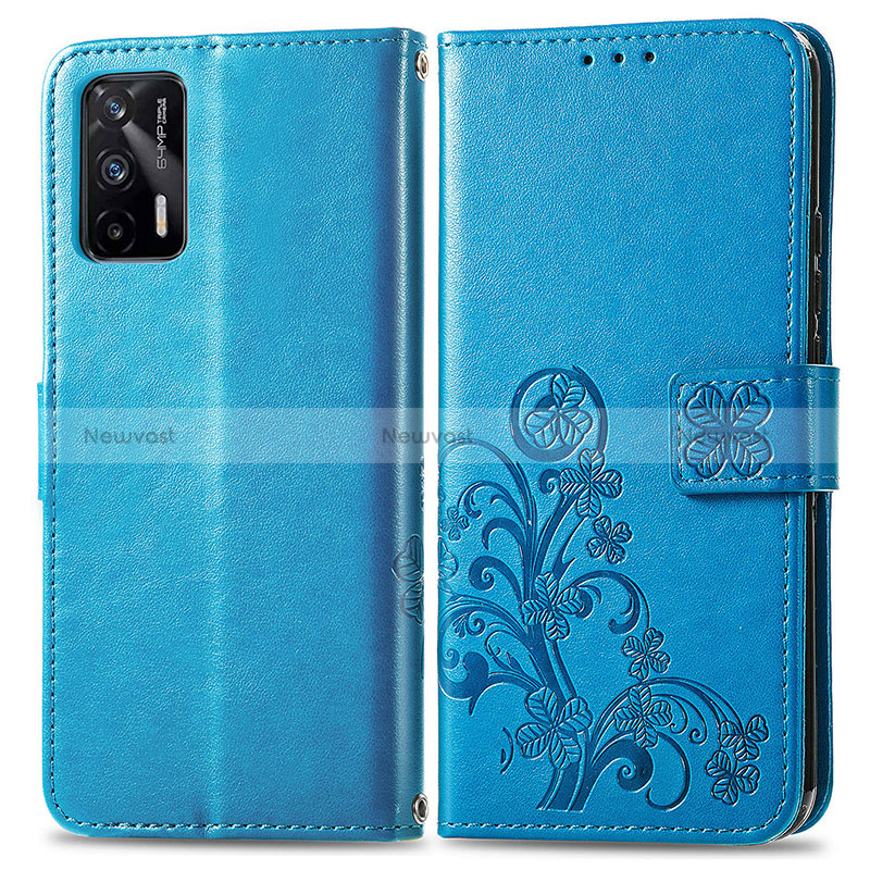 Leather Case Stands Flip Flowers Cover Holder for Realme Q3 Pro 5G Blue