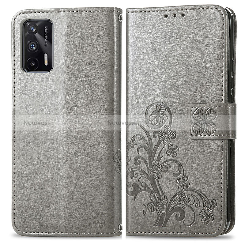 Leather Case Stands Flip Flowers Cover Holder for Realme Q3 Pro 5G Gray