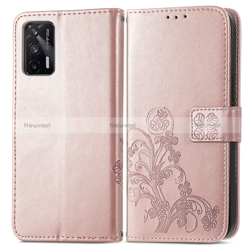 Leather Case Stands Flip Flowers Cover Holder for Realme Q3 Pro 5G Rose Gold