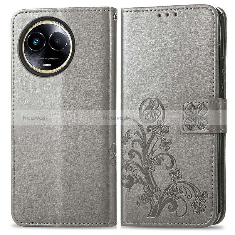 Leather Case Stands Flip Flowers Cover Holder for Realme V50 5G Gray
