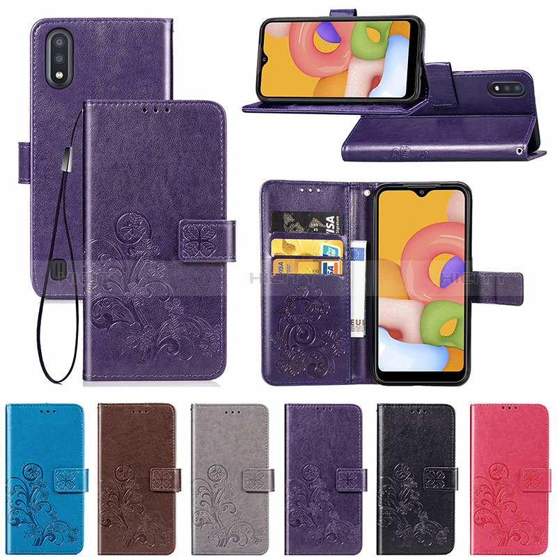 Leather Case Stands Flip Flowers Cover Holder for Samsung Galaxy A01 SM-A015