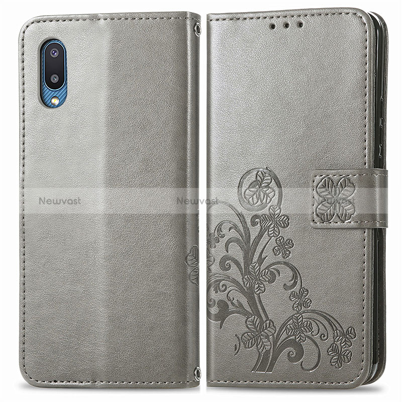 Leather Case Stands Flip Flowers Cover Holder for Samsung Galaxy A02 Gray