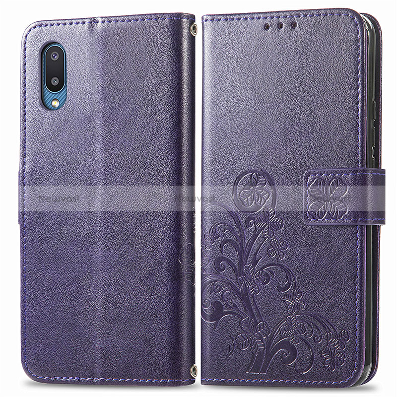 Leather Case Stands Flip Flowers Cover Holder for Samsung Galaxy A02 Purple