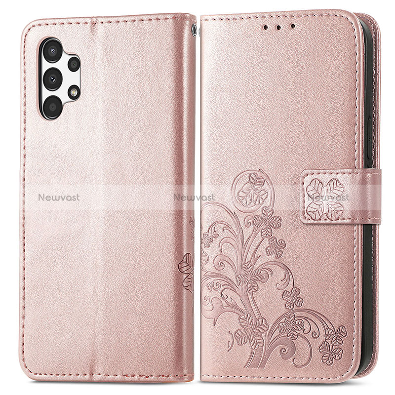 Leather Case Stands Flip Flowers Cover Holder for Samsung Galaxy A13 4G Pink
