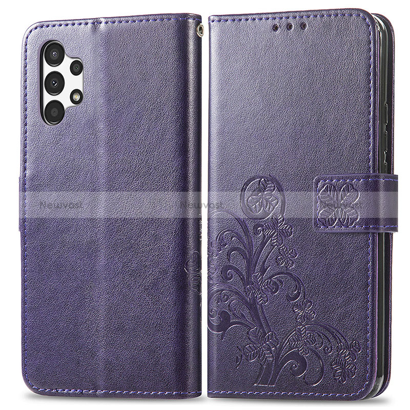 Leather Case Stands Flip Flowers Cover Holder for Samsung Galaxy A13 4G Purple