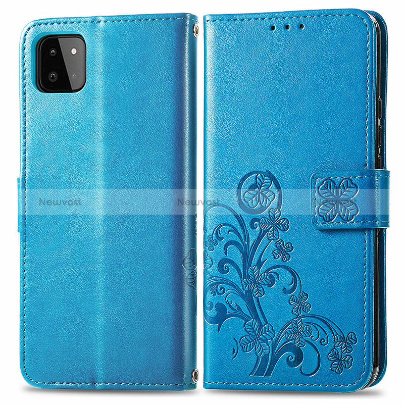 Leather Case Stands Flip Flowers Cover Holder for Samsung Galaxy A22 5G Blue