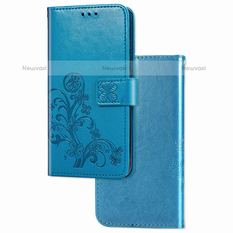 Leather Case Stands Flip Flowers Cover Holder for Samsung Galaxy F12 Blue