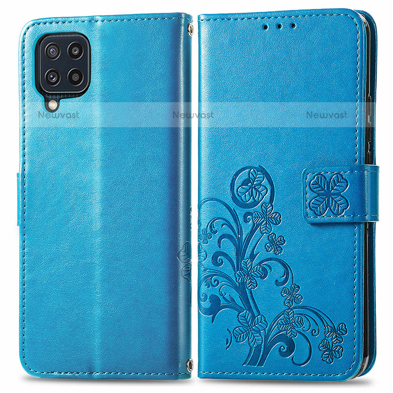 Leather Case Stands Flip Flowers Cover Holder for Samsung Galaxy M32 4G Blue