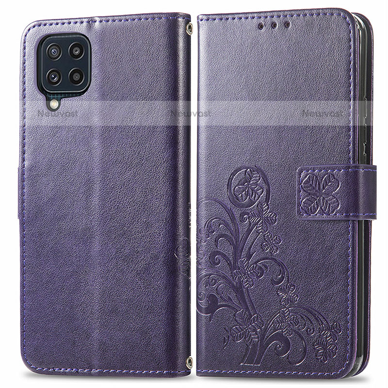 Leather Case Stands Flip Flowers Cover Holder for Samsung Galaxy M32 4G Purple