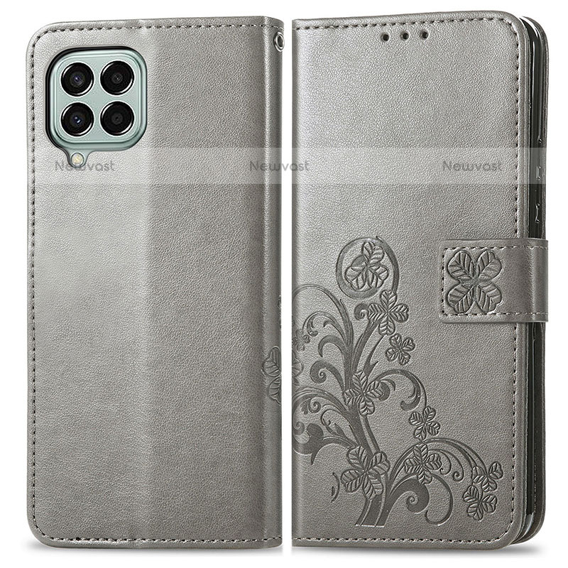 Leather Case Stands Flip Flowers Cover Holder for Samsung Galaxy M33 5G Gray