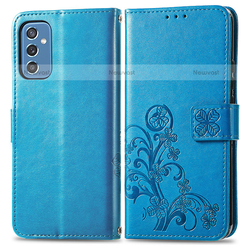 Leather Case Stands Flip Flowers Cover Holder for Samsung Galaxy M52 5G Blue